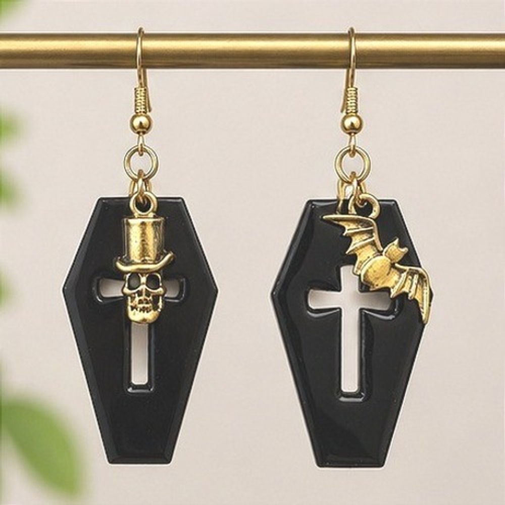 Handmade Coffin Earrings Black New Gothic Skull Bat Resin Dangle Halloween